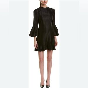 CATHERINE MALANDRINO Black Ruffled Ribbed Bell Sleeve Mini Shift Dress 2
